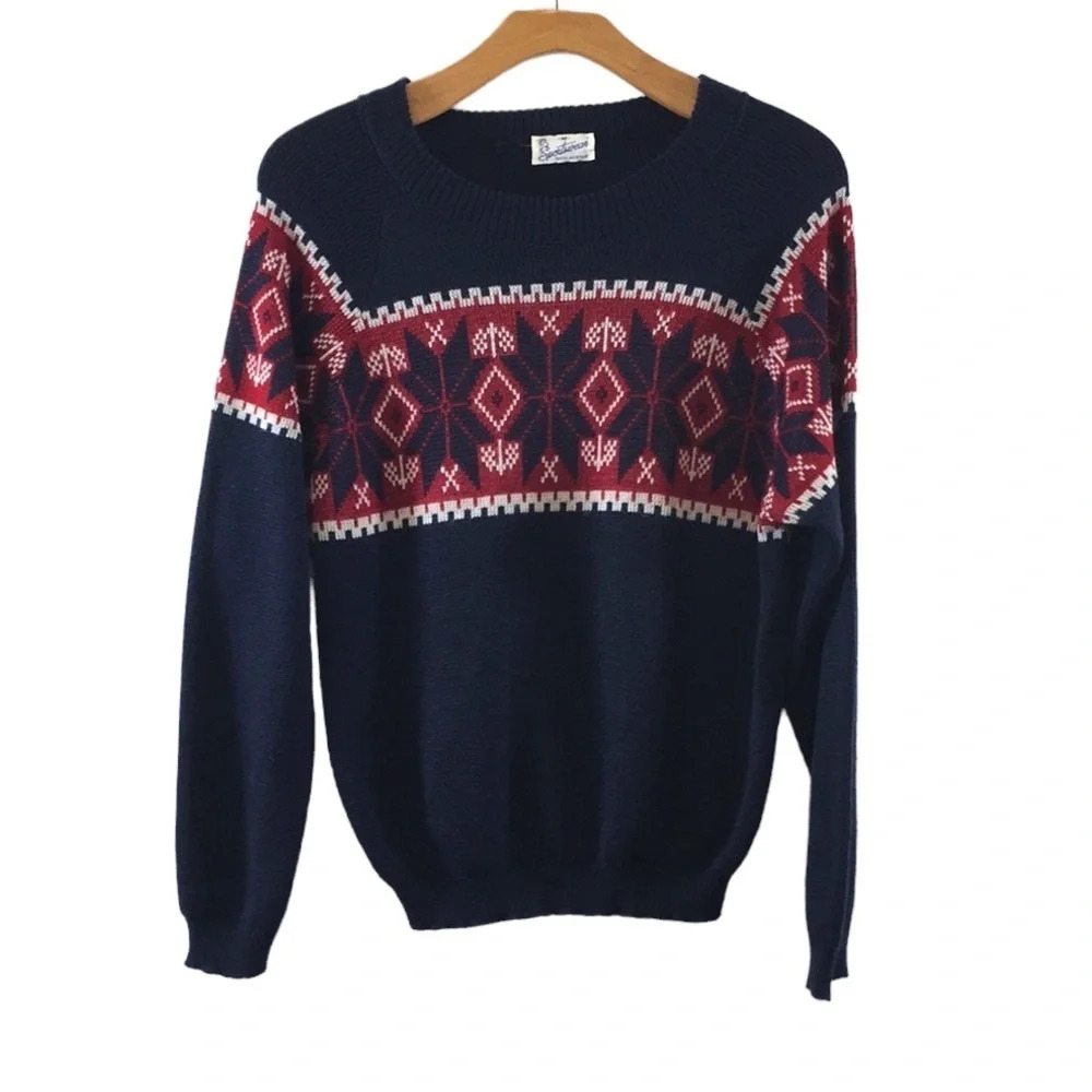 Vintage Sportswear Navy Fair Isle Knit Sweater Mens Medium‎ Acrylic Pullover